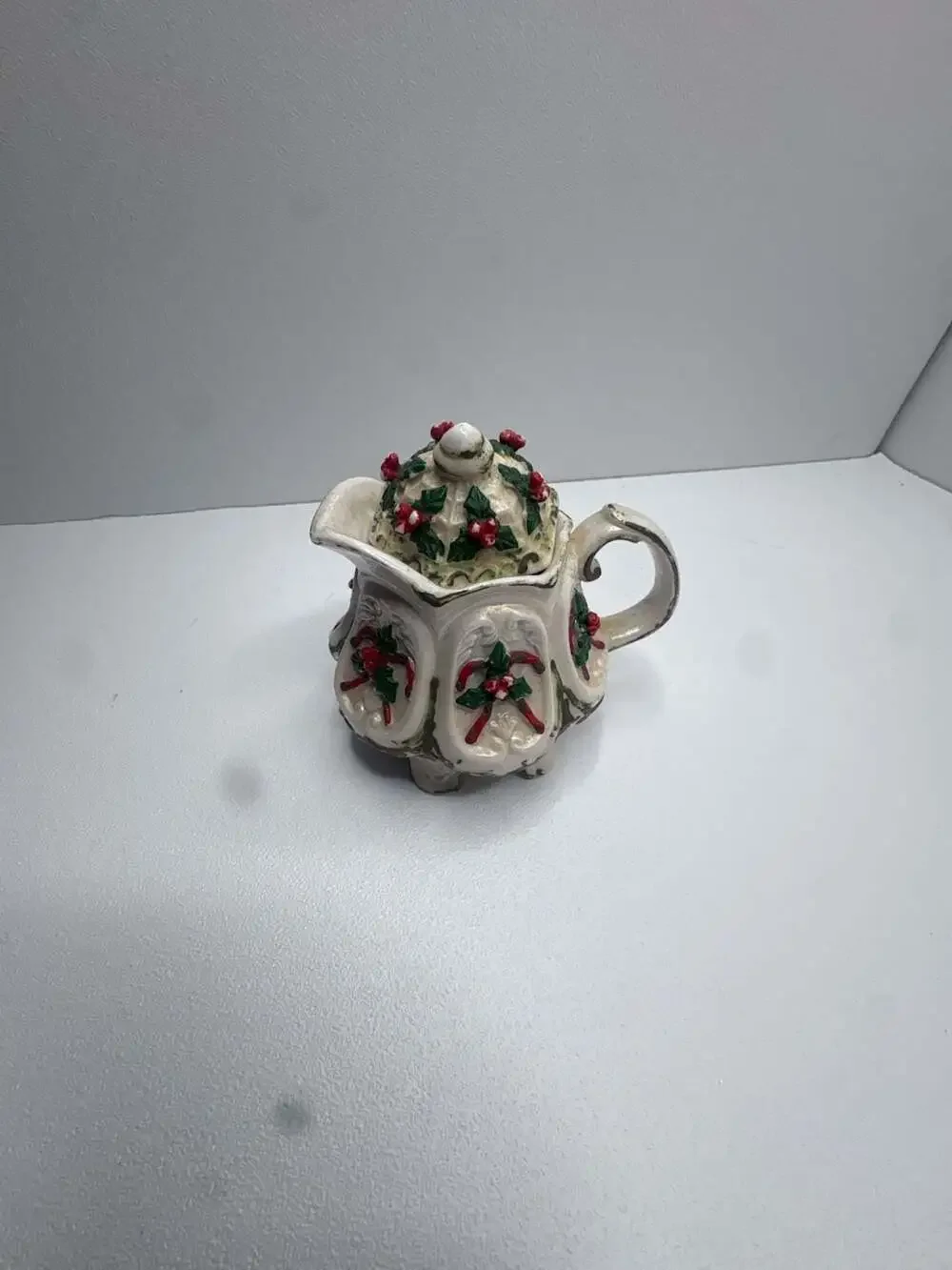 Christmas Holiday Holly and Candy Cane Embossed Ceramic Creamer with Lid